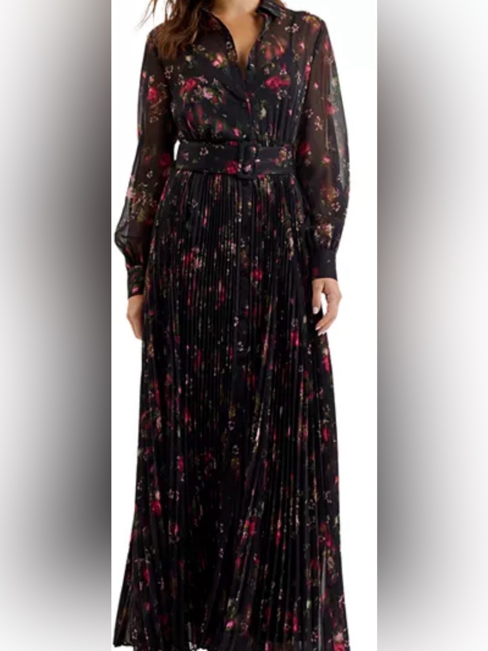 BCBGMaxAzria Sheer Black Floral Tie-Neck Pleated Maxi Dress (SKU0075)